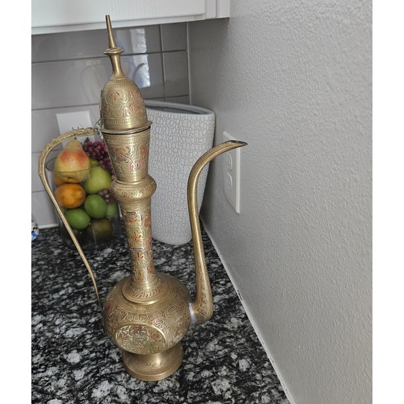 Solid Brass‎ Teapot Genie Lamp Pitcher  Tall Etched Ornate